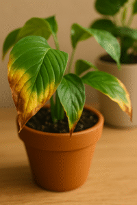 A plant suffering from humidity issues. The leaves are brown and yellow at the ends. 